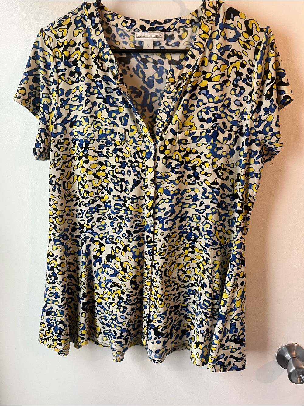 Dana Buchman Yellow & Blue Printed Short-Sleeve V-Neck Blouse